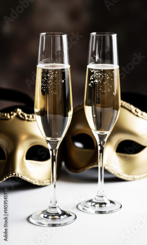Obraz na płótnie Champagne Coupes Elegant Masks Masquerade Party Glamour Mystery w salonie