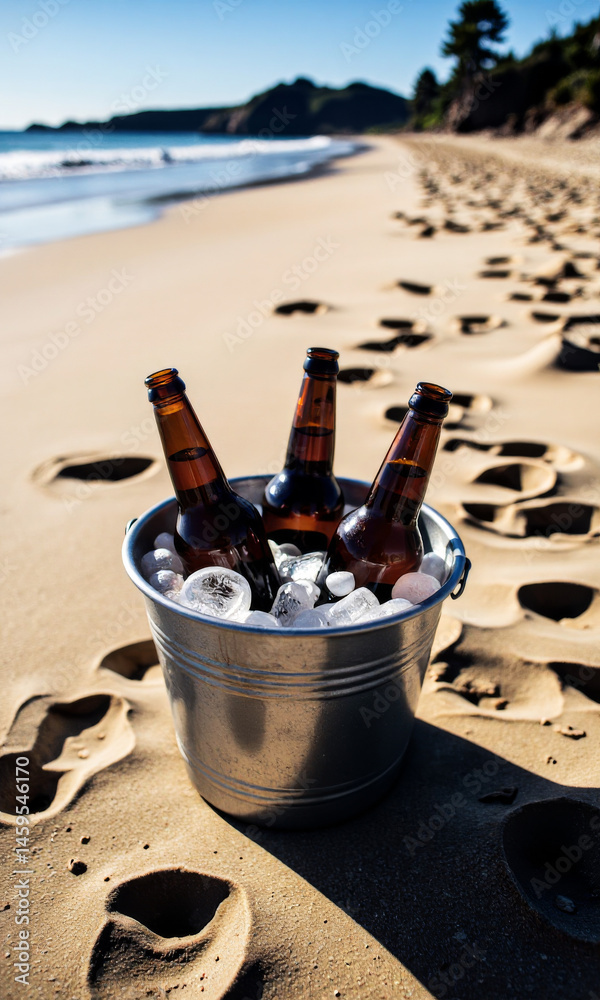Beer Bottles Chilling Bucket Ice Sandy Beach Footprints Ocean Breeze
