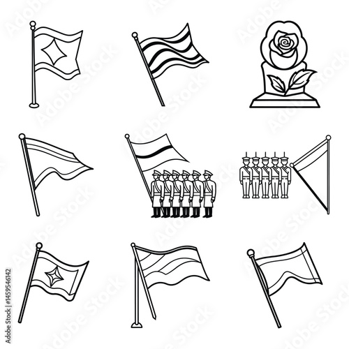 Set of  flag sketch drawing line art vector illustration on white background 