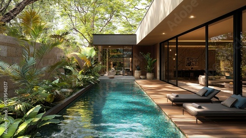 Wallpaper Mural Luxurious tropical poolside retreat.  Tranquil oasis with a long pool, surrounded by lush greenery and modern architecture.  Exterior of a house with large windows overlooking the pool.  Torontodigital.ca