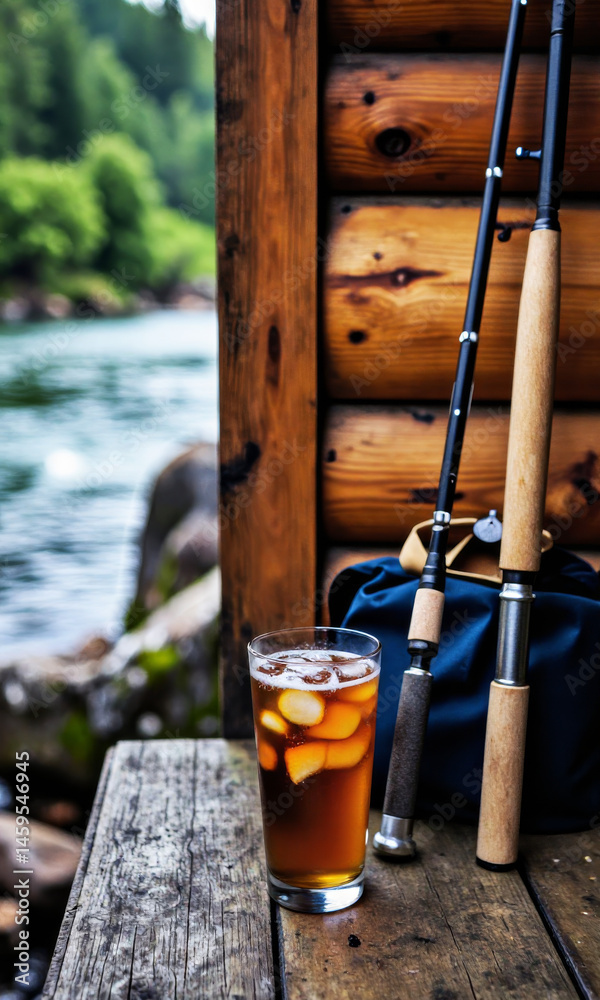 Iced Tea Fishing Rods Cabin Wall Riverside Outdoors Life