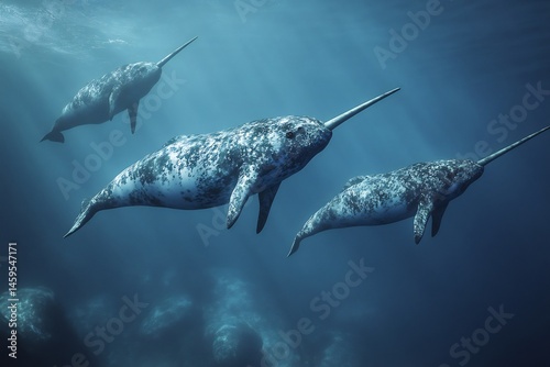 Peaceful narwhal pod swimming beneath icy Arctic waters mystical serene no human no labelling no logo photo