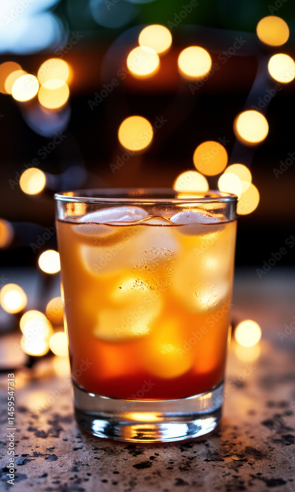 Cocktail Glass Reflecting Fairy Lights Patio Gathering