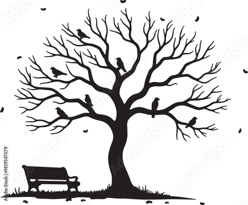 Vector Illustration of a Bare Tree Silhouette with Birds Perched on Branches and a Park Bench Below for Nature and Autumn-Themed Designs