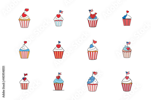 Set of american flag color cupcake sweets food vector illustration on white background.