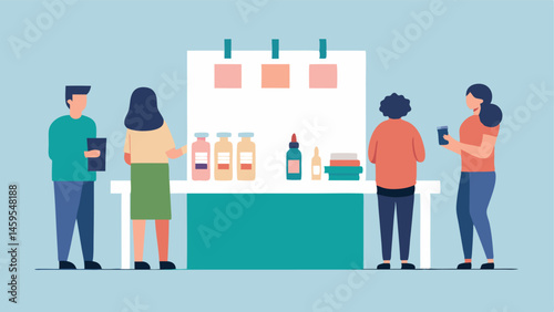 Sample Station A stand displaying samplesized beauty products with customers eagerly trying out creams and serums clearly marked with discount labels.