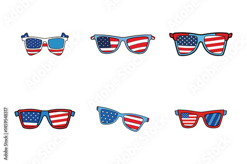  Set of american flag color sunglasses vector illustration on white background