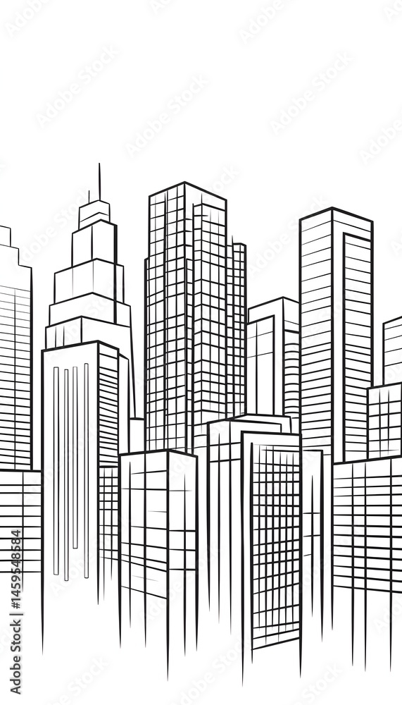 Fototapeta premium A minimalist line drawing of a city skyline, showcasing various skyscrapers and buildings of different heights and architectural styles