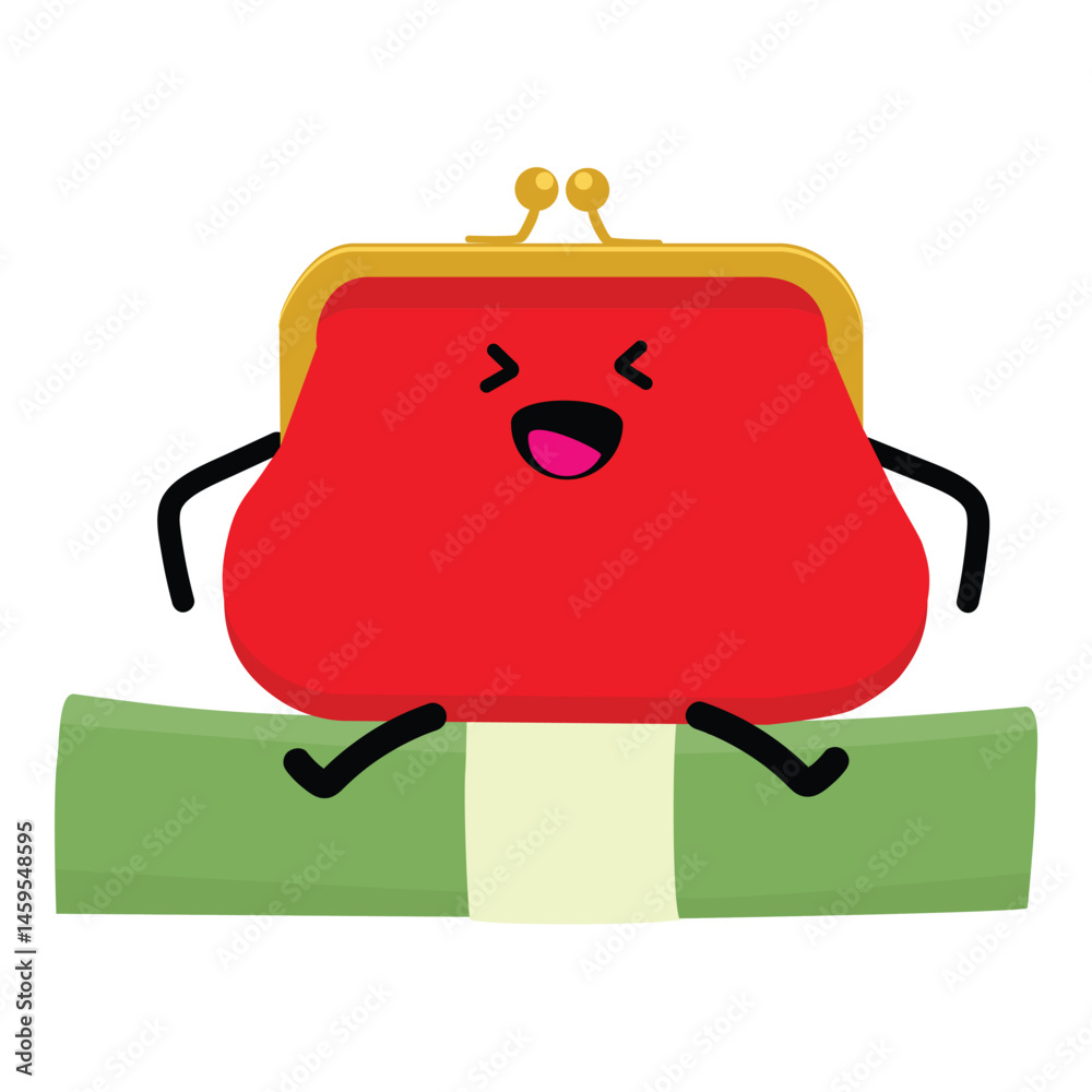 Obraz premium Cartoon character funny red purse, wallet sitting on banknote stack, dollar bundle isolated on white background. Money