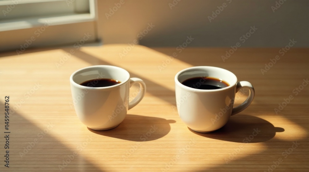 Fototapeta premium Two cups of dark coffee sit on a light wood surface bathed in sunlight, a peaceful morning scene