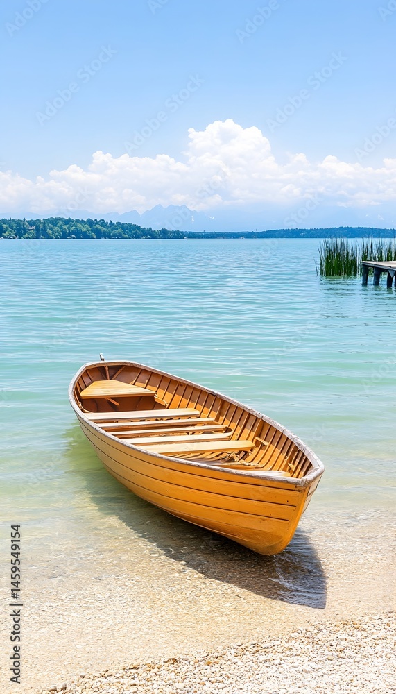 Naklejka premium A serene lakeside scene with a small wooden rowboat gently resting on a sandy shore, clear turquoise water, and mountains in the background under a bright blue sky