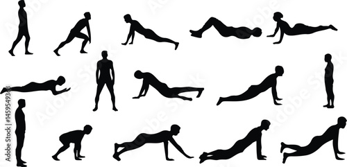 Vector Illustration of Silhouettes Performing Various Fitness Exercises Including Weightlifting, Squats, Running, Kicking, and Stretching