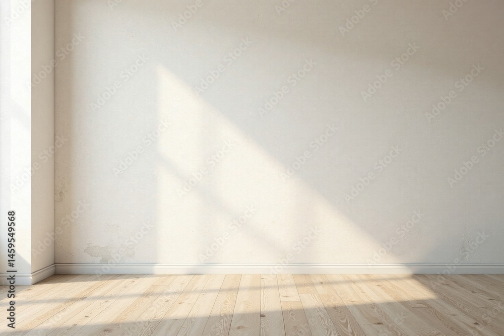 Empty Room with Sunlight Streaming Through Window, Showing Light and Shadow on Walls and Wooden Floor Empty Room with Sunlight Streaming Through Window, Showing Light and Shadow on Walls and Wooden Floor