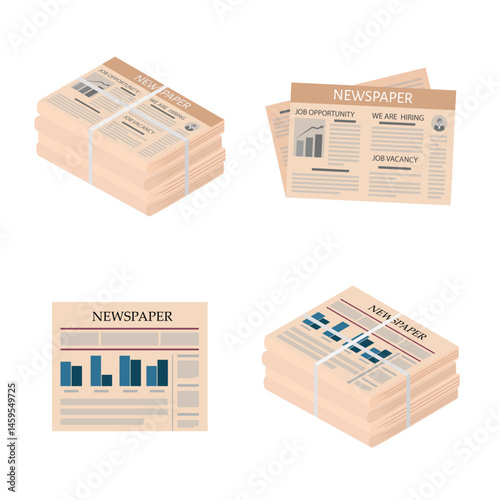 Pile of newspapers isolated on white background. Stack of newspapers. Set, collection