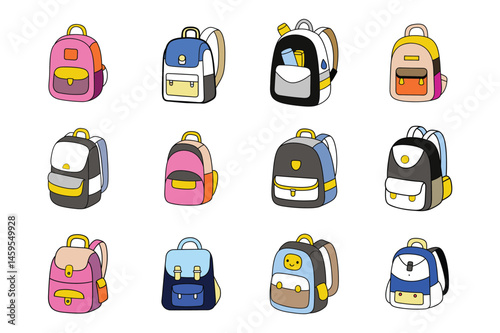 Set of cute school bag drawing vector illustration on white background.
