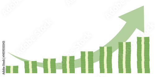 Green up arrow and stacks of banknotes,  dollar bundles. Financial success and growth concept