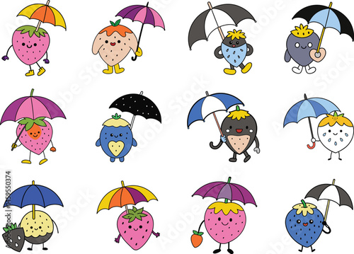 Set of cute Strawberry with umbrella drawing vector illustration on white background.