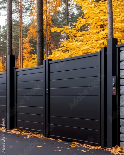 Black modern gate with a keypad in the autumn forest, with yellow leaves