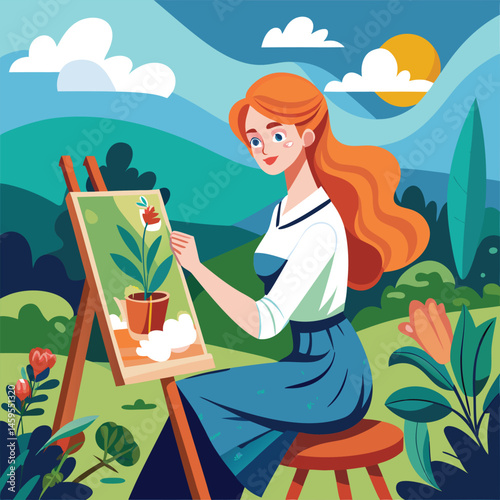 Ginger-Haired Female Artist Painting Outdoors – Flat Plein Air Scene