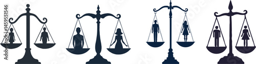 Vector Illustration of Balanced and Unbalanced Scales Featuring Silhouettes of People Representing Equality, Inequality, Justice, Fairness, and Social Issues in Society