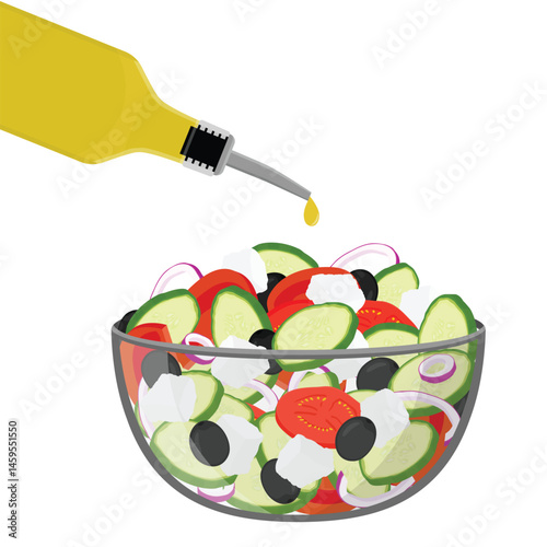 Traditional Greek salad with slices of feta cheese, tomatoes and olives in a glass bowl, and a bottle of fresh olive oil