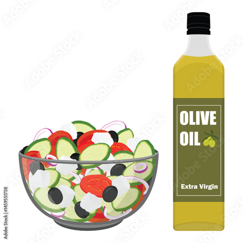 Traditional Greek salad with slices of feta cheese, tomatoes and olives in a glass bowl, and a bottle of fresh olive oil