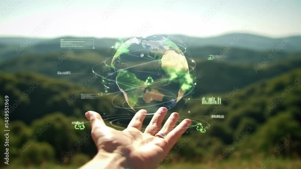 Global sustainability concept with earth hologram over hand for environmental protection