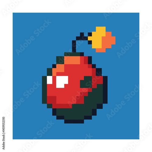 Pixelated retro bomb illustration with fuse and spark symbol on a blue background