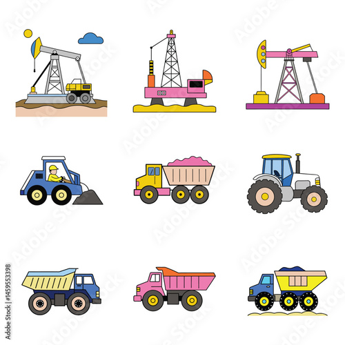  Set of industrial car,forklift,truck,drill ring,Dump Truck drawing vector illustration on white background.