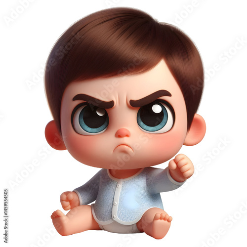 Cute 3d angry baby character isolated on white background