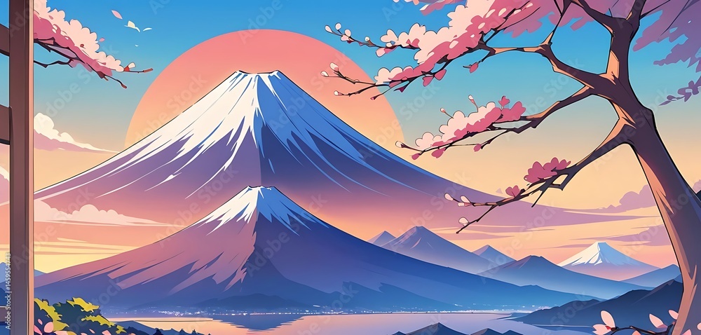 Mountain with Cherry Blossoms at Sunset Mountain with Cherry Blossoms at Sunset
