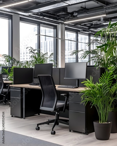 Modern, minimalist office space with sleek workstations, black filing cabinets, and lush potted plants