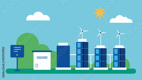 Energy Storage Solutions An illustration of large battery storage units connected to a smart grid demonstrating how excess solar and wind energy is stored for later use.
