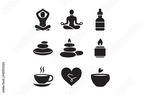 Wellness Icons Set Yoga, Meditation, Spa, Tea, and Self-Care Silhouette Vectors
