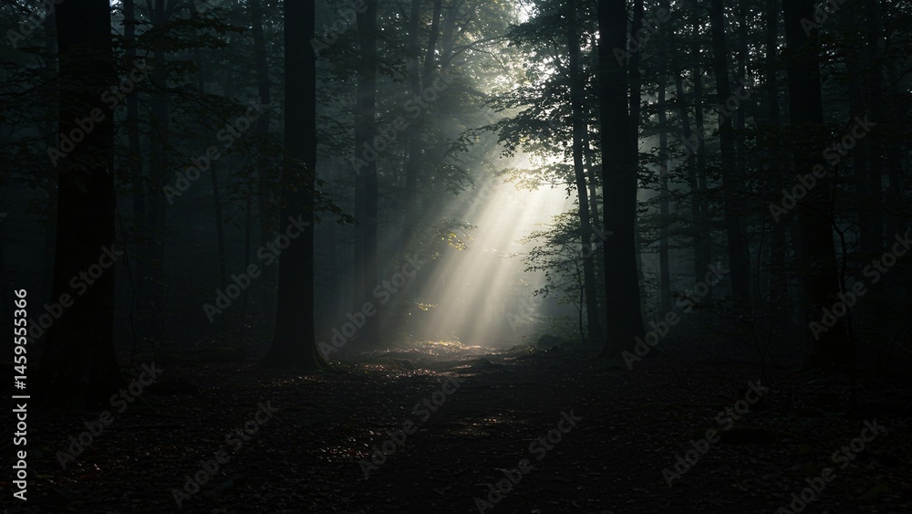 Naklejka premium Sun Rays Through Dark Forest