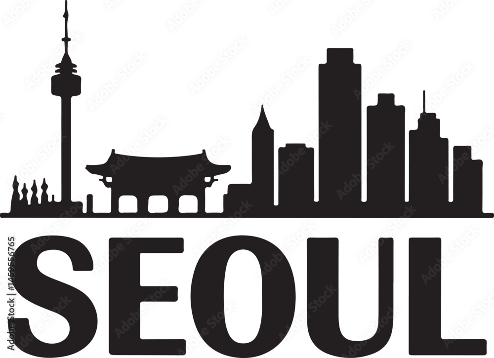 Naklejka premium Seoul City Skyline Silhouette DesignN Seoul Tower and Urban View VectorTraditional Hanok and Modern Seoul SceneNighttime Seoul Cityscape SilhouetteIconic Landmarks of Seoul Vector Art