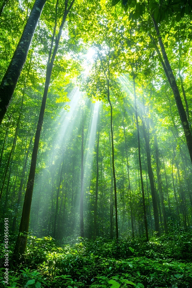 Fototapeta premium Sunbeams pierce a lush, misty forest canopy