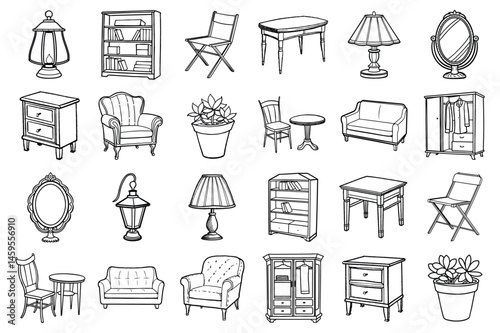  Set of room furniture Sofa, Armchair, Coffee table, TV stand Entertainment center, Bookshelf, Side table, lamp, Nightstand,Wardrobe,Vanity table, flowers in pot sketch drawing vector illustration.