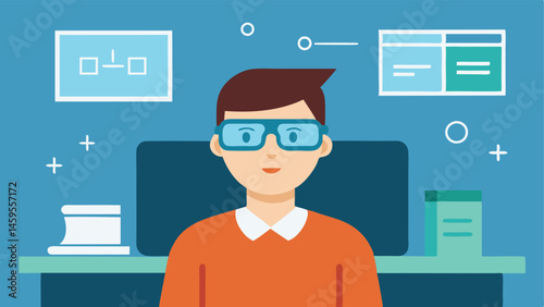 Education and Learning A student in a classroom viewing smart glasses that project educational graphics and text related to their lesson in 3D above their desk.