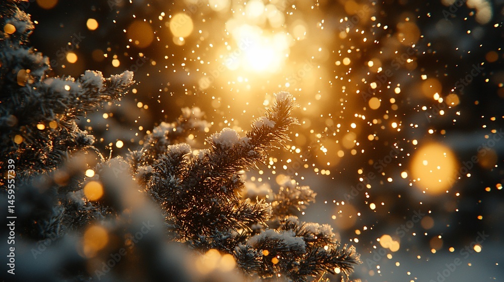 Obraz premium Snowy pine branch with sunlit bokeh