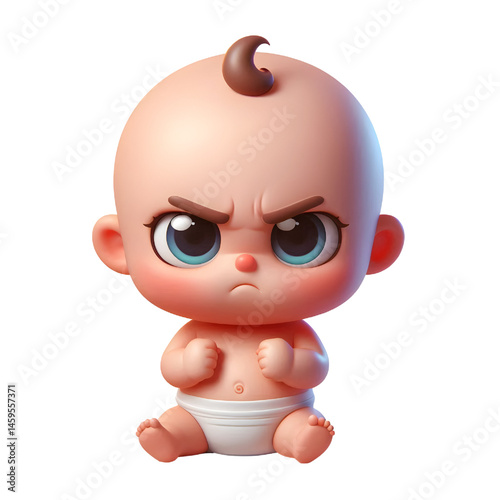 Cute 3d angry baby character isolated on white background