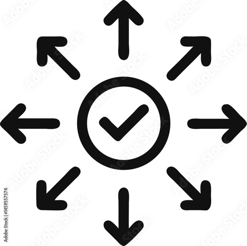 Bold Black Checkmark Inside Circle with Radiating Arrows Symbolizing Validation and Success

