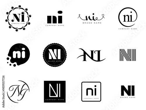 NI logo company template. Letter n and i logotype. Set different classic serif lettering and modern bold text with design elements. Initial font typography.