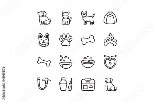Pet Care Icons Set Dog, Cat, Paw, Food, Vet, and Grooming Line Art Symbols