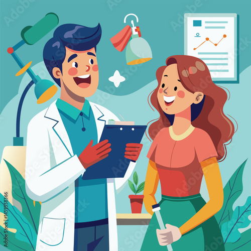 Dentist Sharing Good News with Smiling Patient – Flat Dental Office Scene