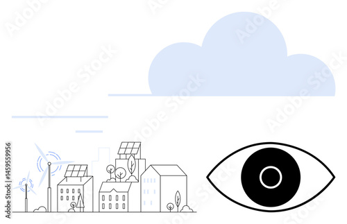 Urban buildings with solar panels, wind turbines, trees, large cloud, and a symbolic eye. Ideal for sustainability, renewable energy, smart city, eco-technology environment innovation and simple