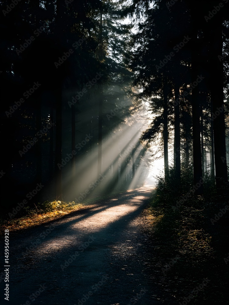 Obraz premium Sunlight streaming through trees onto a peaceful forest path in the early morning