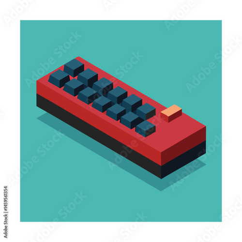 Isometric illustration of a red and black remote control on a teal background