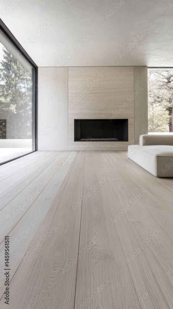Fototapeta premium Modern minimalist interior with fireplace and wooden floor