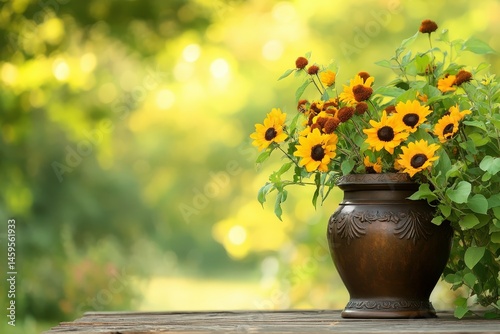 Bright sunflowers and colorful blooms in a rustic pot on a wooden table in a serene garden setting during summer afternoon